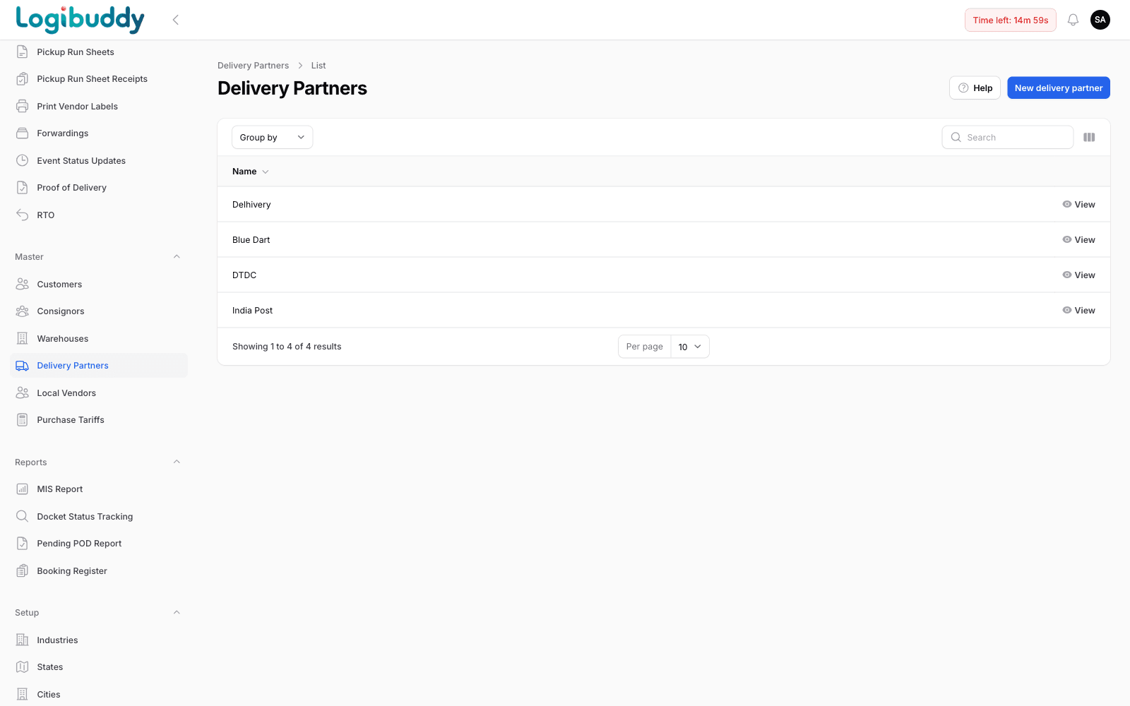 Delivery partners list showing Delhivery, Blue Dart, DTDC and India Post